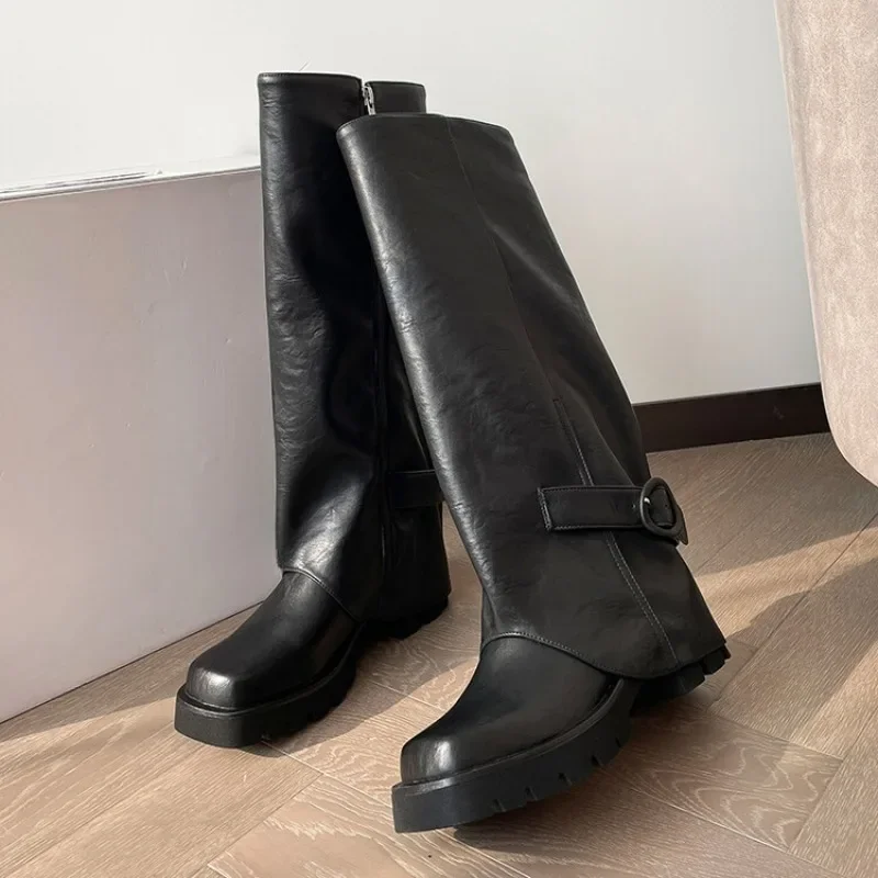 Elegant Black Belt Buckle Straight Tube Knee High Skirt Boots Women's Autumn Winter Fashion 5cm Thick Heel Western Long Boots