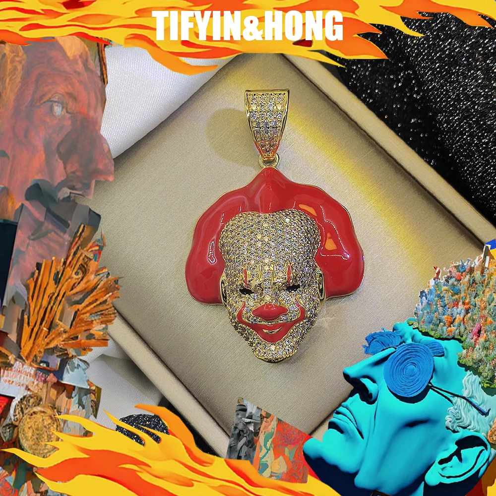 Hip hop men's necklace paired with red haired clown pendant, luxurious customization, suitable for street and gangster rap