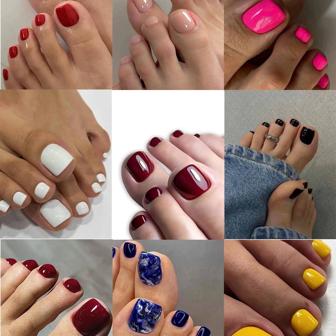 216 Stuks Kort Roze Vierkant Geel Zwart Wit Roze Rode Wijn Rood Blauw Patroon Teen Nageldruk Op Handgemaakte Pers Op Teennagels