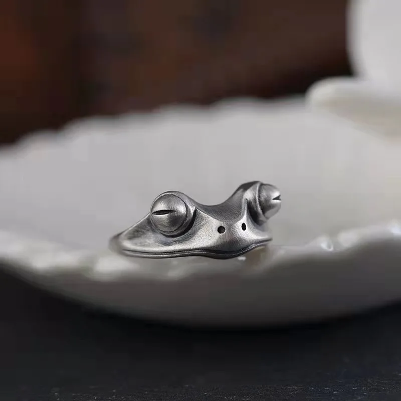 Retro Distressed Frog Ring For Men Punk Gothic Adjustable Open Ring Handmade Antique Tin Drawing  Jewelry Creative Accessories