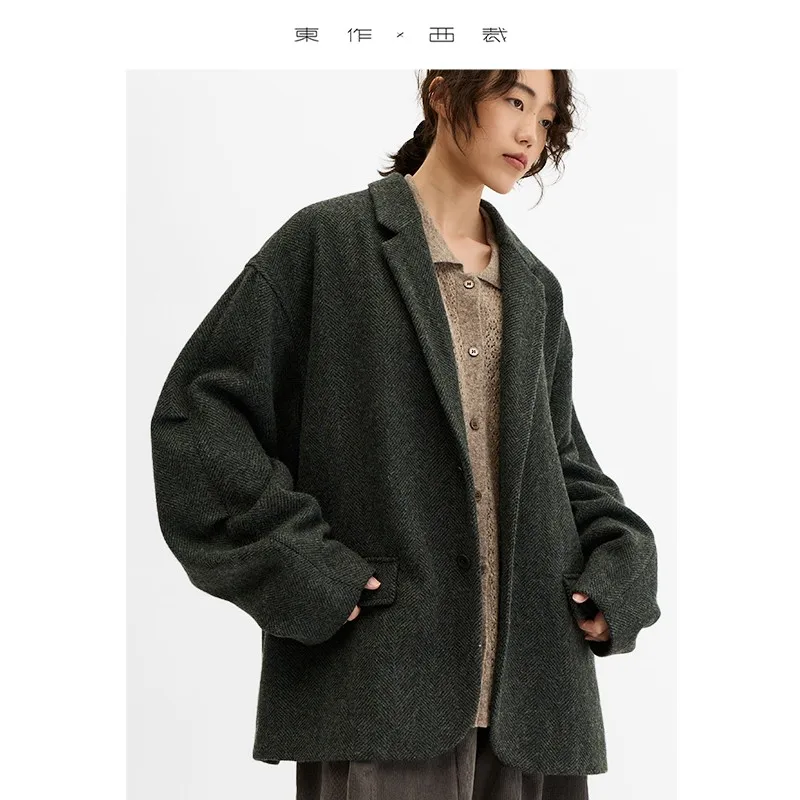 

Retro Green Herringbone Tweed Wool Suit Women's Loose Silhouette Artistic Style Jacket 2025 Autumn and Winter New Style