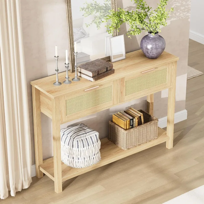 Rattan Entryway Table, Boho Console Table with Drawers, 2 Tier Sofa Table with Storage, Wooden Console Table for Entryw