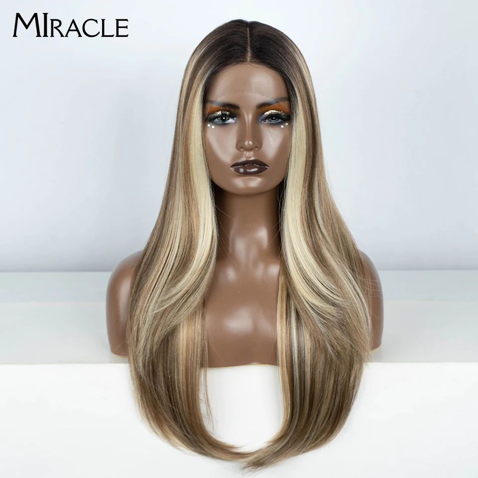 

Miracle 28 Inch Straight Ombre Brown Blonde Highlight Cosplay Lace Wigs Heat Resistant Synthetic Lace Front Wigs For Women