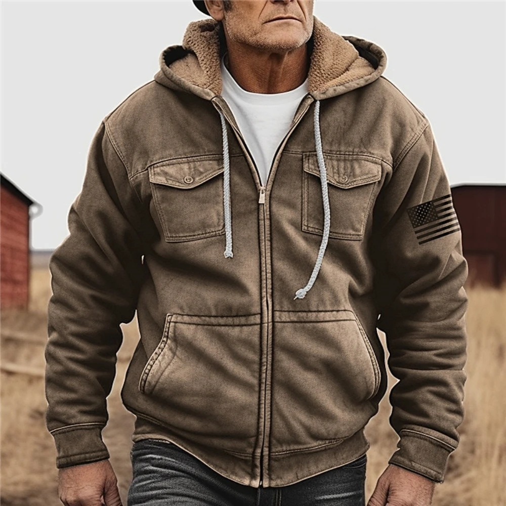 Herren Fleece Reiß verschluss Hoodies Parkas Vintage Langarm Mantel Jacke Grafik drucke National flagge Winter für Männer/Frauen Oberbekleidung