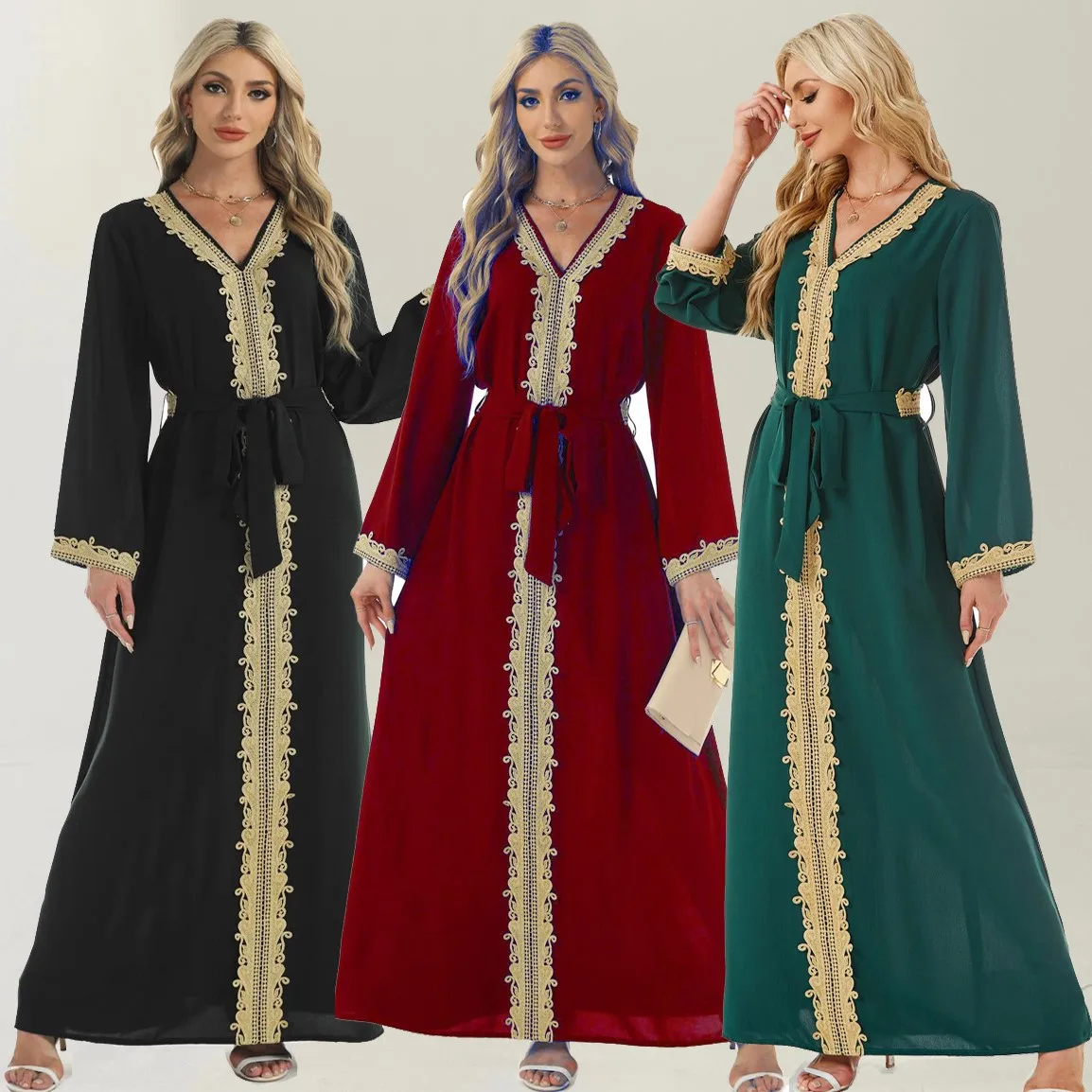 Arab Women Long Robe Embroidery Lace Up Vestidos Eid Muslim Party Ramadan Morocco Jalabiya Dubai Abayas Kaftan Islam Dress