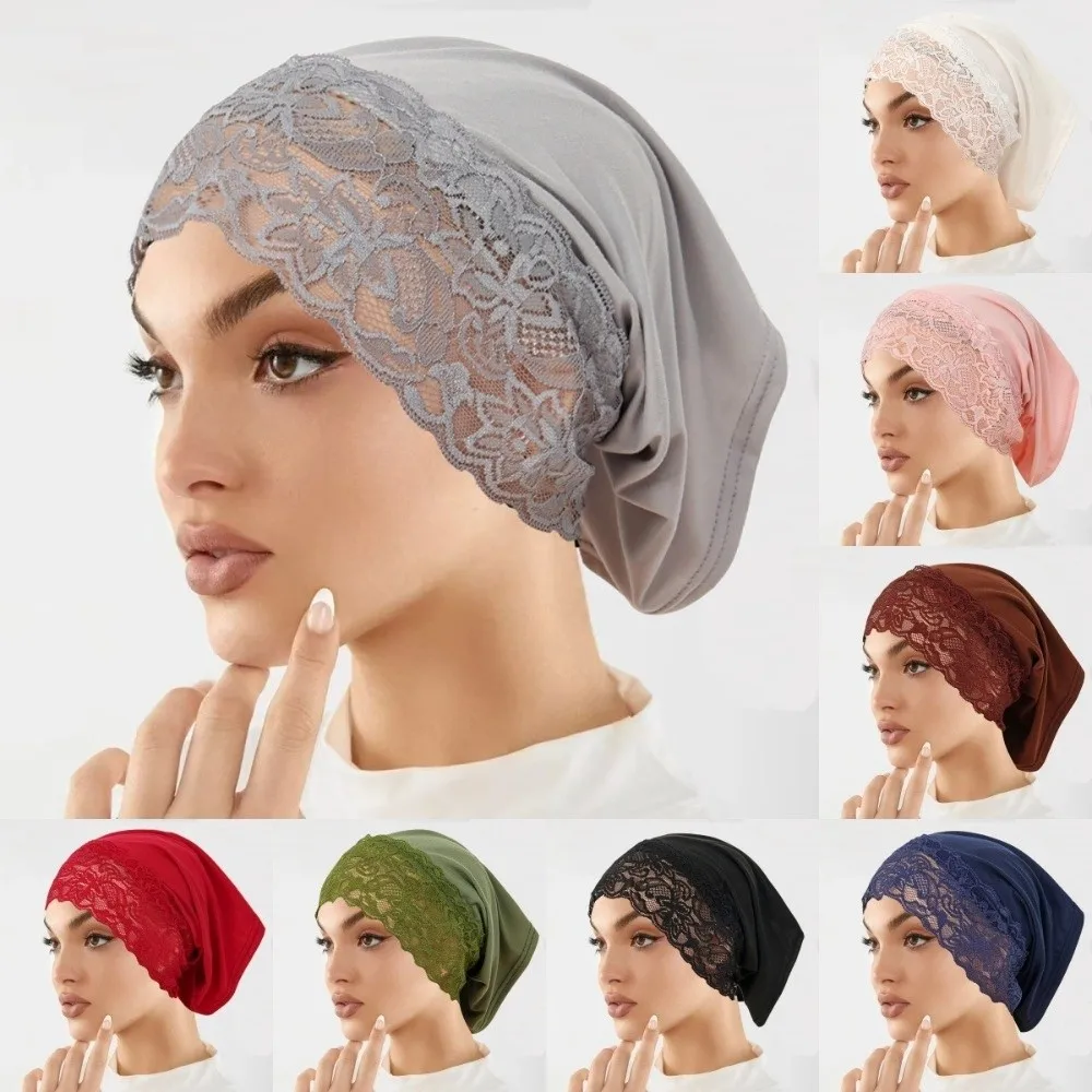 

Comfortable Fit Elegant Hijab Cap Lace Edge Breathable Pullover Hat Solid Color Soft Headscarf Hat Women Headwear
