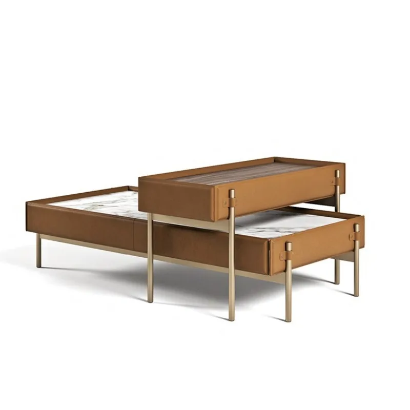 

Nordic modern light luxury simple living room villa saddle leather double-layer marble coffee table furniture