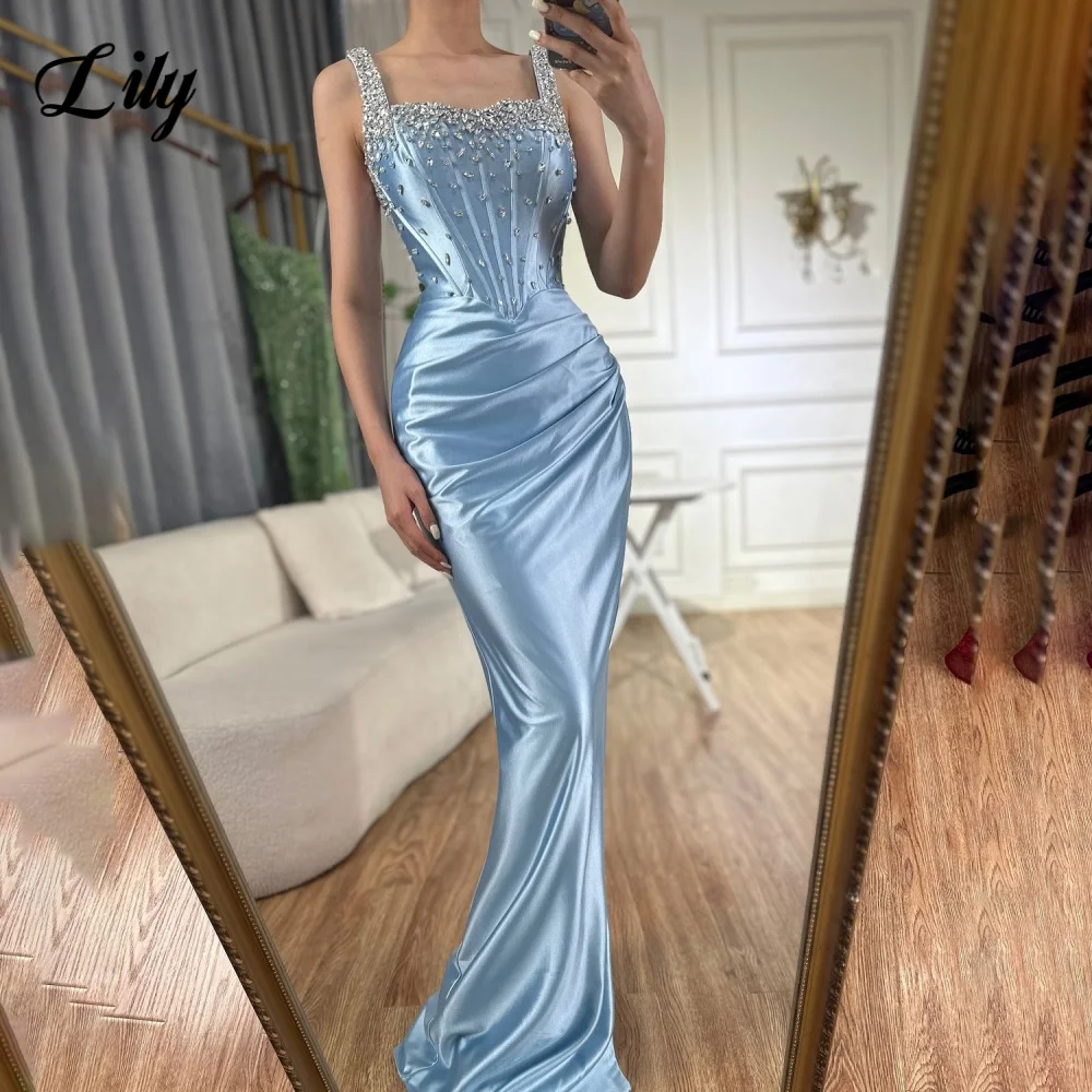 Lily Abito da ballo elegante azzurro Abito da sera con spacco alto laterale in raso Abito formale a sirena senza spalline in cristallo lucido personalizzato