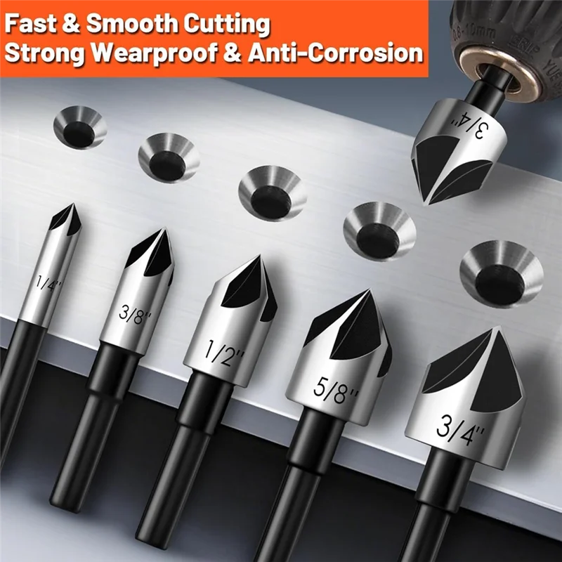 

AT05-Feanron 1/4" Shank Hss4241 Countersink Drill Bit Set, 5 Pcs For Steel, Wood–For Counter Sink Bit
