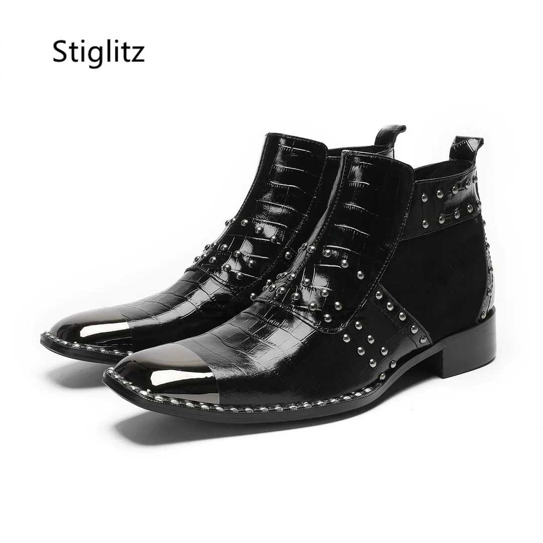 Men's Black Rivet Boots Genuine Leather Patchwork Ankle Boots Metal Square Toe Dress Zip Chelsea Boots Spring Autumn Male Shoes - view 2