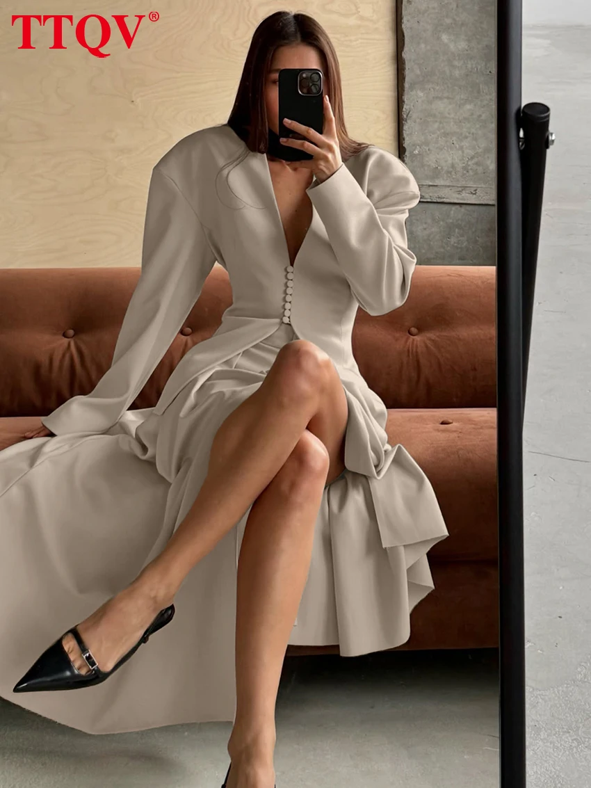 

TTQV Fashion Loose Khaki Office Women's Two Pieces Set 2025 Elegant Long Sleeve Shirt With High Waist Slit Long Skirt Set