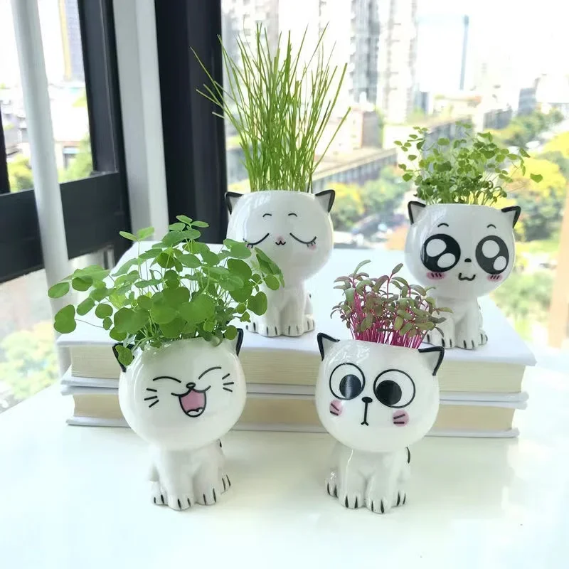 Vaso de cerâmica mini gato em forma de desenhos animados bonito vaso de mesa planta expressão vaso de mesa gato planta vaso de mesa decorar pequeno