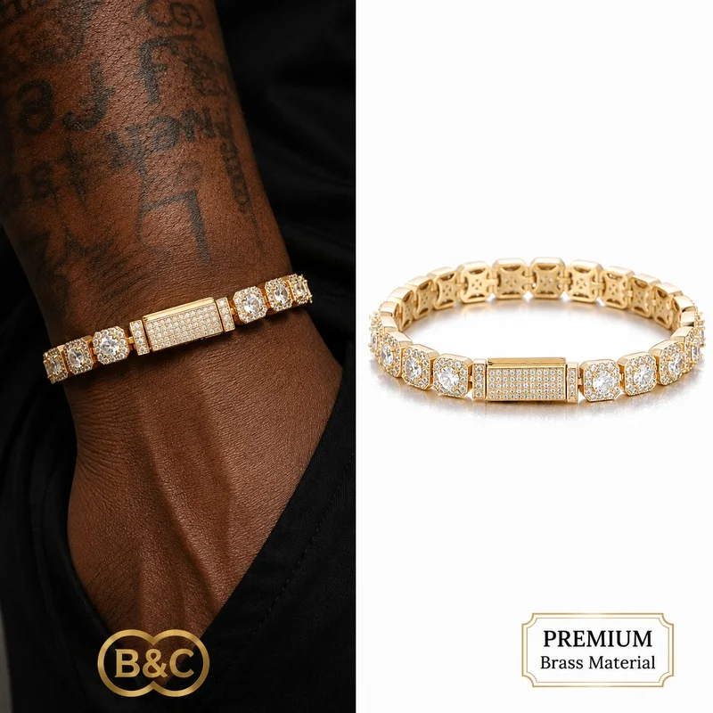 B&C Gold Tennis Bracelet Men Square Cubic Zirconia Iced Out Wrist Chain Gold Tone Hop Bracelet Male Luxury Jewelry Party