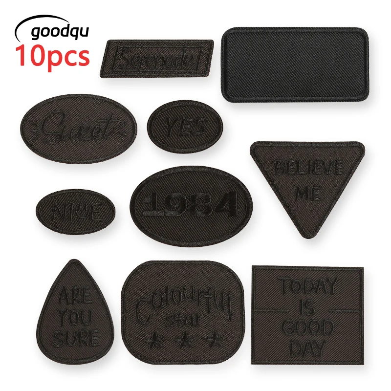 10 Stück selbstklebende Applikationsaufnäher für Jacken, lustige Mini-Wärmeübertragungs-Aufkleber, schwarze Aufkleber für Kleidung, Kinder-Aufnäher, Buchstaben – Detail 1