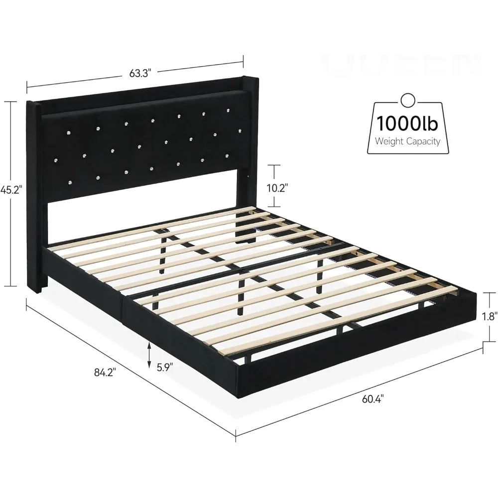 إطار سرير GarveeHome بحجم كوين مع لوح أمامي وأضواء LED، إطار سرير عائم أسود مع دعم شرائح خشبية، منجد بالكامل