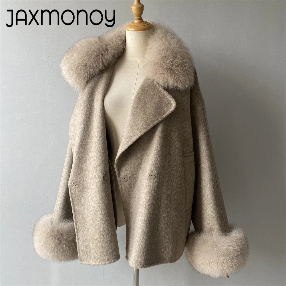 Jaxmonoy Women's Wool Coat with Real Fur Ladies Wool Coats and Mixtures Fall Winter Fashion Medium Lenght New In Outerwear 2024