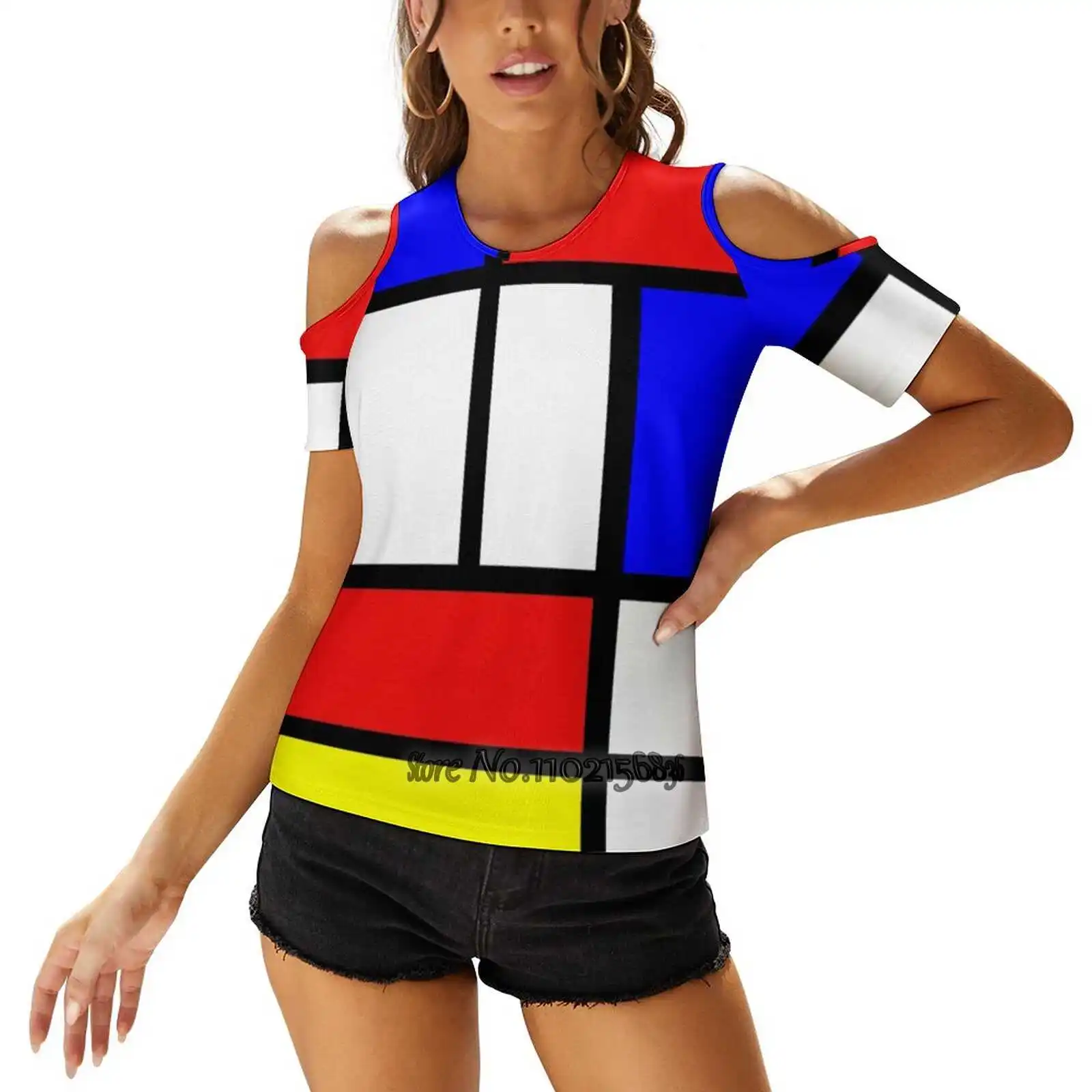 Mondrian Red Yellow Blue Abstract Women T-Shirt Back Lacing Sexy T Shirts Hollow Out Pullover Top Mondrian Red Yellow Blue