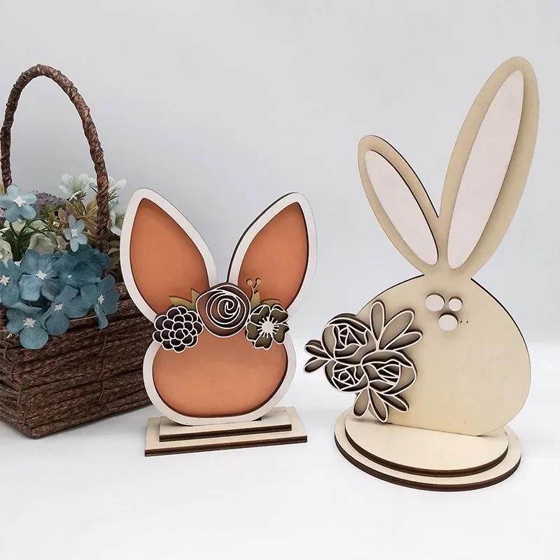 Easter Colorful Egg Wooden Ornaments Flower Bunny Rabbit Ears Easter Egg DIY Crafts Spring Festival Party For 2025 Home Decor