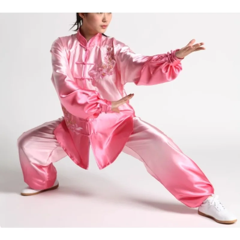 

2025 chinese tai chi wushu kung fu martial arts wing chun suit gradient color flower embroidery training stage performance set