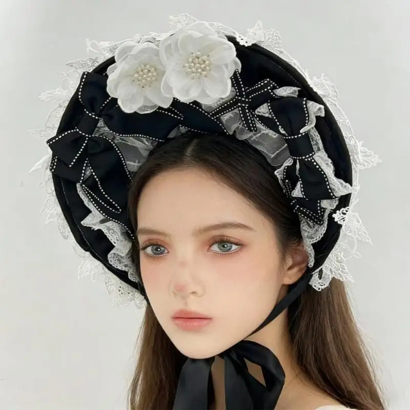 

72XE викторианская кружевная шляпа-капот, повязки на голову с бантом, цветочный дизайн для свадьбы, косплея и модной вечеринки,