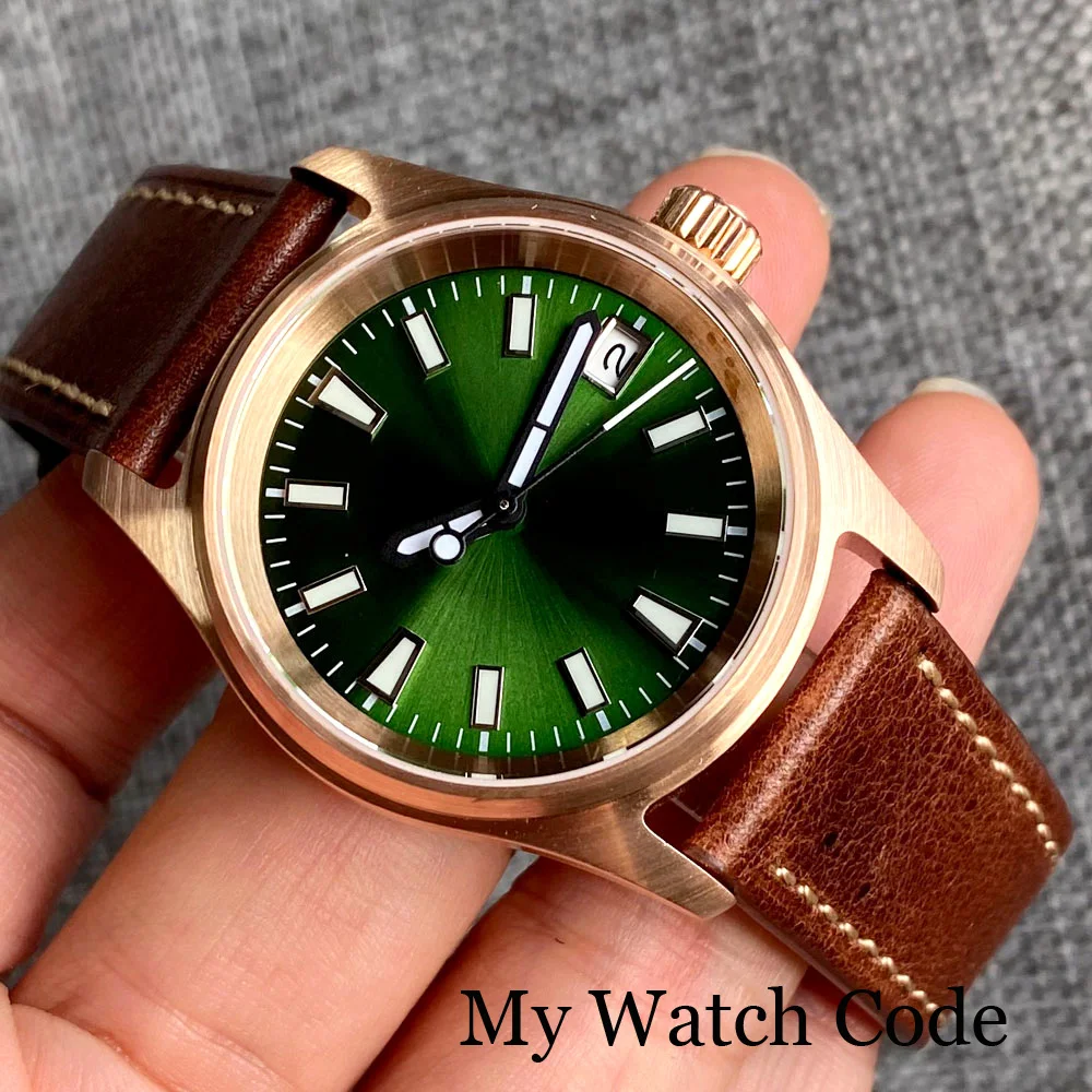 36mm Small Waterproof Dive Selfwinding Watch Male Real Bronze NH35 Movt Military Pilot Wristwatch Leather Strap Green Lume