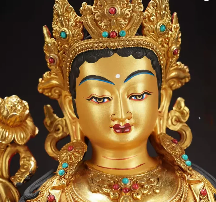 33cm Gilt Brass Green Tara Statue Tibetan Buddhist Deity Goddess of Swift Liberation Sculpture Altar Decor