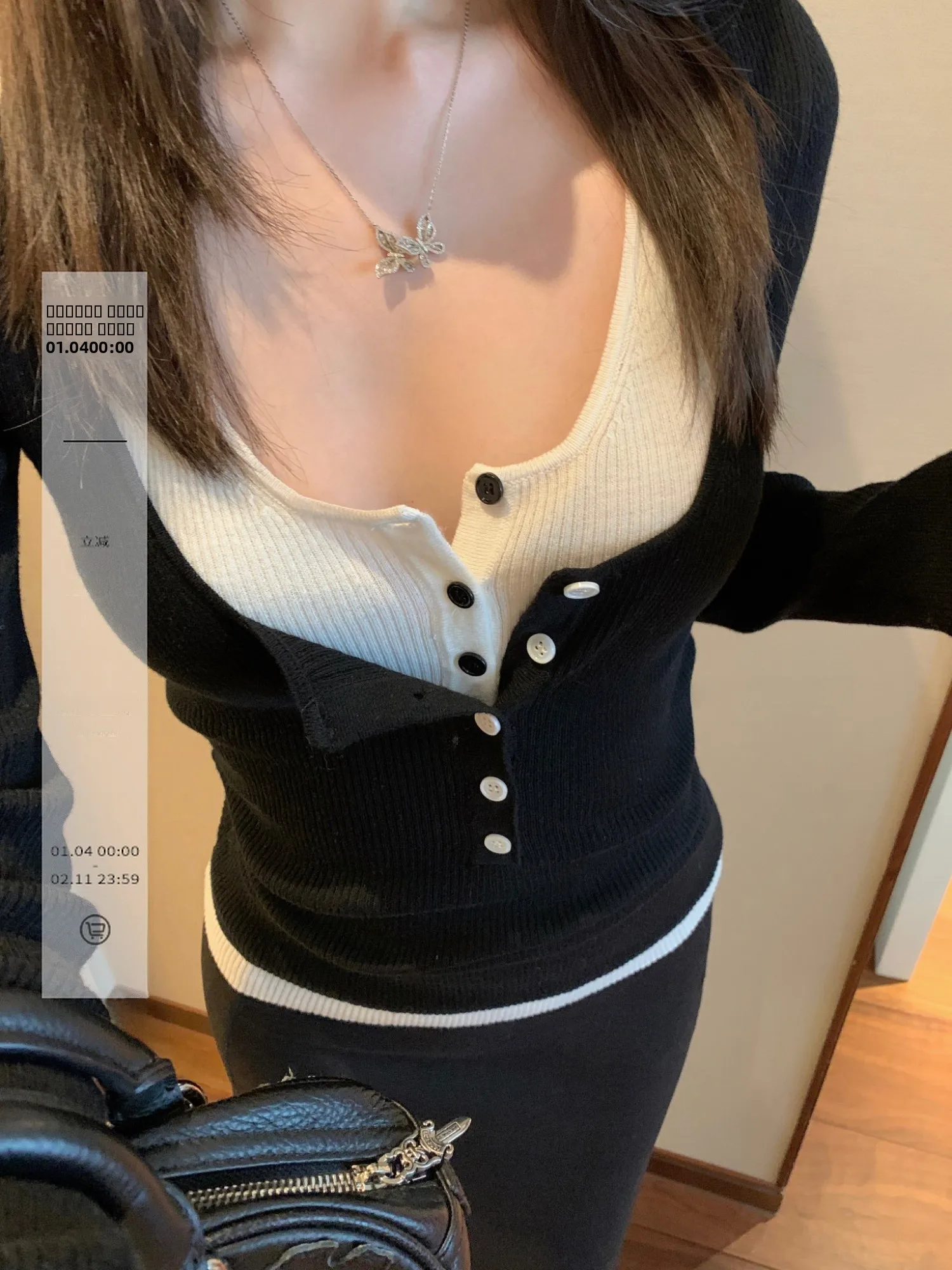 

Ego Studio Ultrine Wool round Ne Color Blo Fake Two-Piece Pure Desire Slimming Knitted T-irt Women's Slim Fit Top