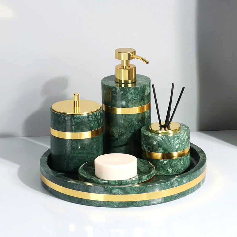 Indian Green Natural Marble Bathroom Accessories Luxury Gold Soap Dispenser Soap Dish Toothbrush Holder Bathroom Set