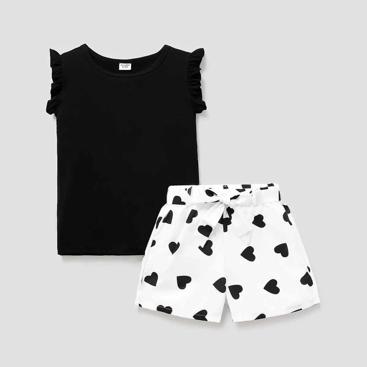 PatPat 2pcs Kid Girl Flutter-sleeve Tee and Heart Print Belted Shorts Set