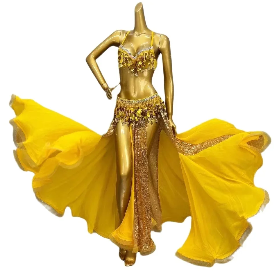 

Gold Belly Dance Costume Festival Outfit Women Performance Clothings Tassel Bra Hip Scarf Long Skirt Samba Carnival Wear Dancer