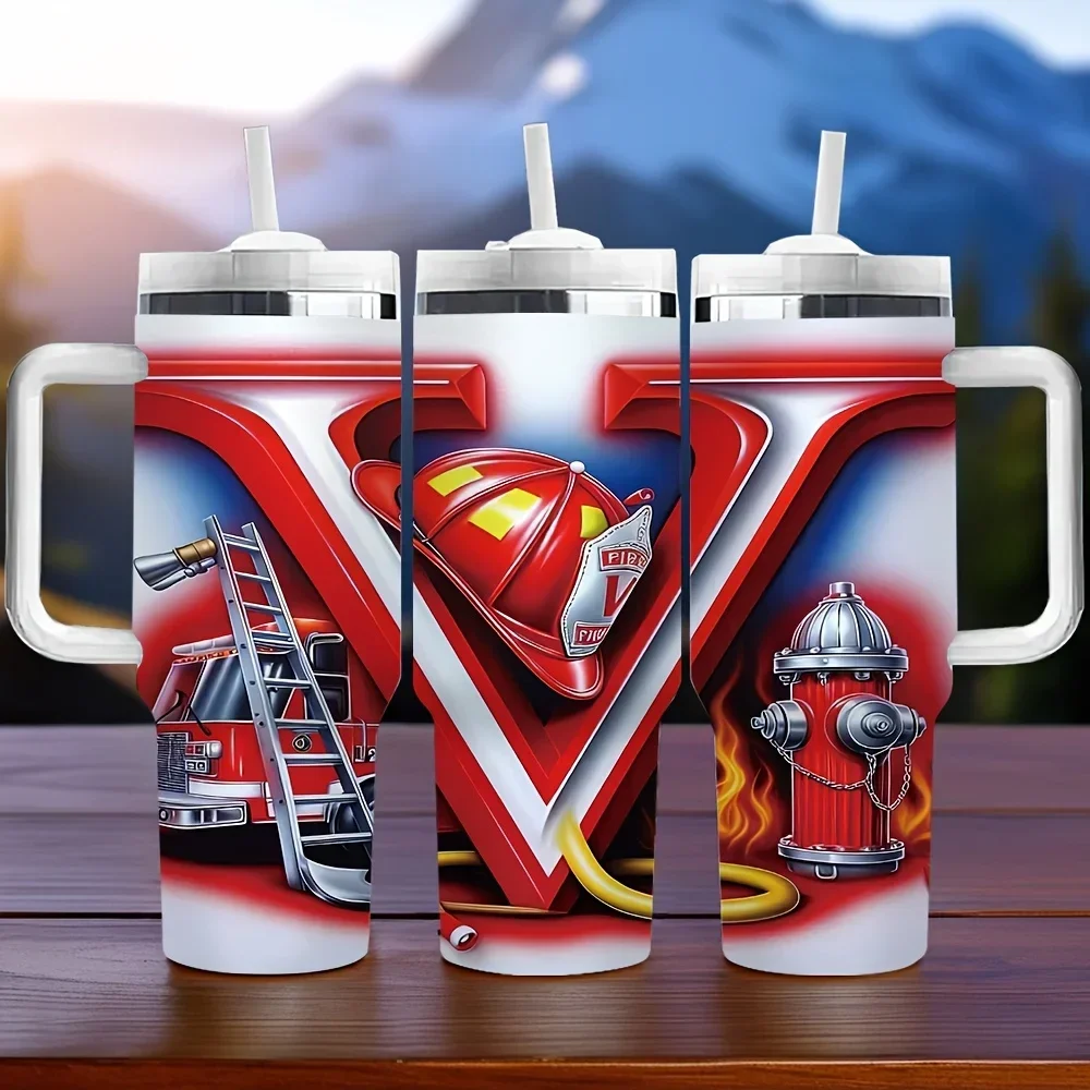 40Oz Long-Lasting Insulated Tumbler with Handle And Straw, Firefighter Themed Print, Perfect As Holiday And Birthday Gift for Firefighting Enthusiasts, Suitable for Daily Use And All Kinds of Outdoor Activities