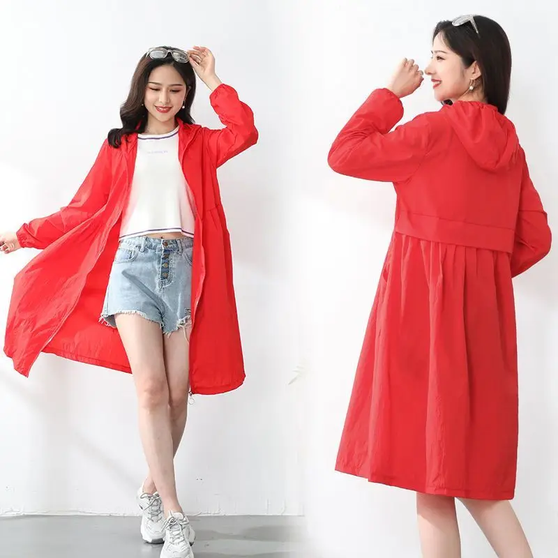 

Jackets Women Hooded Chic Solid Loose Casual Summer Leisure Sun-proof Harajuku Long Style Streetwear Baggy Lady Clothing A435