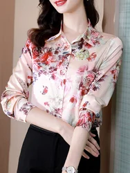 Silk Women's Shirt Long Sleeve Blouse Fashion 2024 Spring New Womens Tops Basic Floral Shirts for Women OL Satin Female Clothing