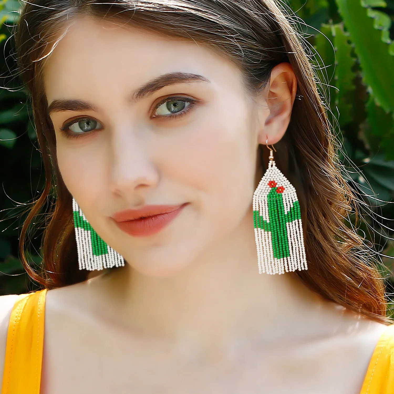 

ZGMXR Rice bead earrings Bohemia Hand weaving Pattern Originality Cactus Fashion Simplicity Alloy Tassels Female Beaded earrings