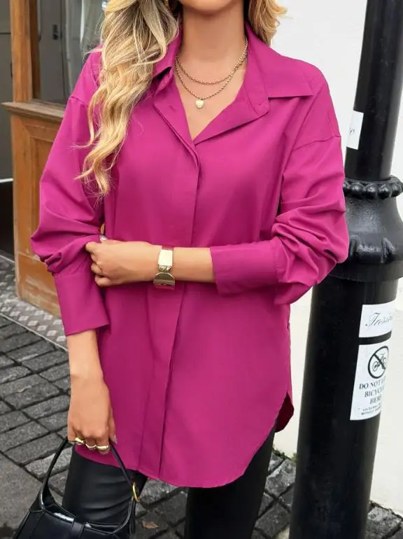 Autumn New Solid Color Lapel Simple Loose Long Sleeved Shirt for Women, Elegant Rose Red Fashionable Slim Fit Commuting Shirt