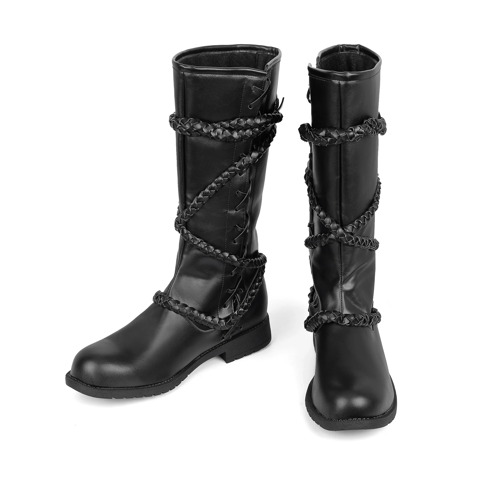 Medieval Gothic Knee High Boots Men Braided Strap Lace Up Tall Pirate Renaissance Cosplay Retro Black PU Leather Riding Boots