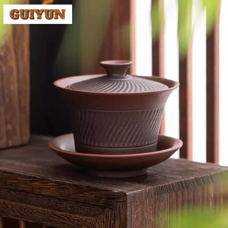 

195ml Purple Pottery Jump Knife Hovering Gaiwan Retro Tea Tureen Tea Bowl With Lid Kit Tea Brewing Cover Bowl Teaset Decoration
