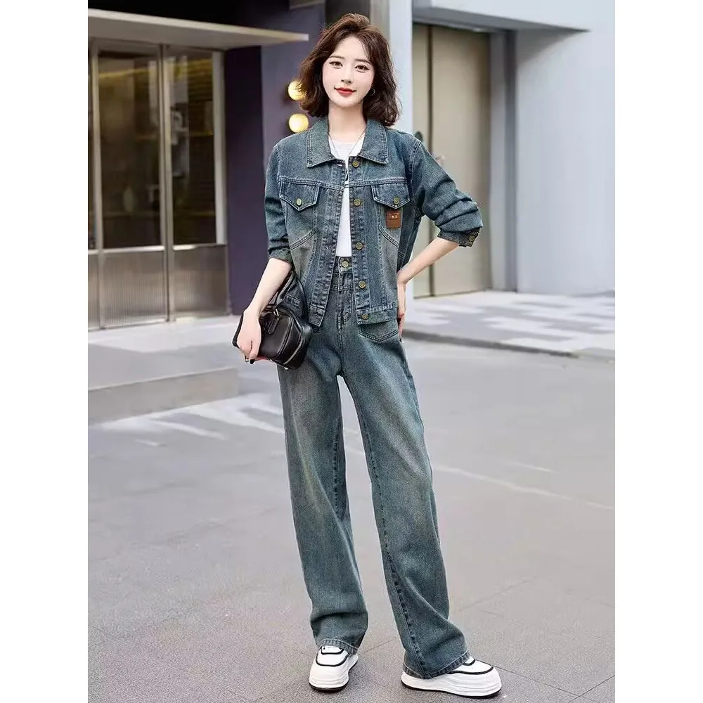 

Женский джинсовый комплект, повседневный джинсовый костюм, осень-зима, новая женская модная короткая ковбойская куртка, шаровары в стиле ретро, костюм из двух предметов, 2 шт.