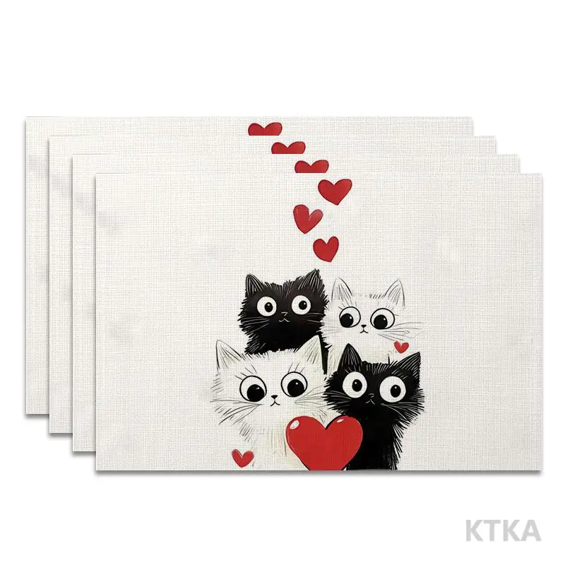4Pcs, Heart-Shaped Cat Placemats, Washable, Suitable for Holiday Parties, Home Decor, Kitchen Countertops, Rectangular Dining Tables, Making Your Dining Room and Kitchen More Beautiful, Birthday Gifts for Family and Friends, and Housewarming Party Gifts