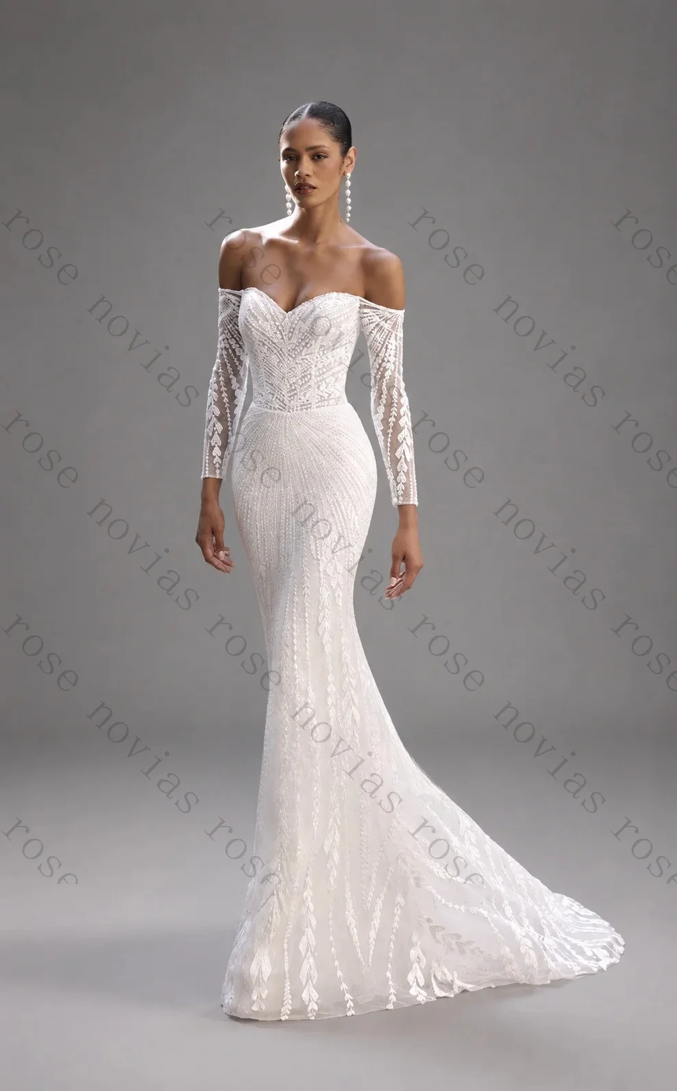 Customized Off Shoulder Lace Wedding Dress 2026 Full Sleeve Mermaid Bridal Gown with Beading Elegant Luxury Bride Dress Women