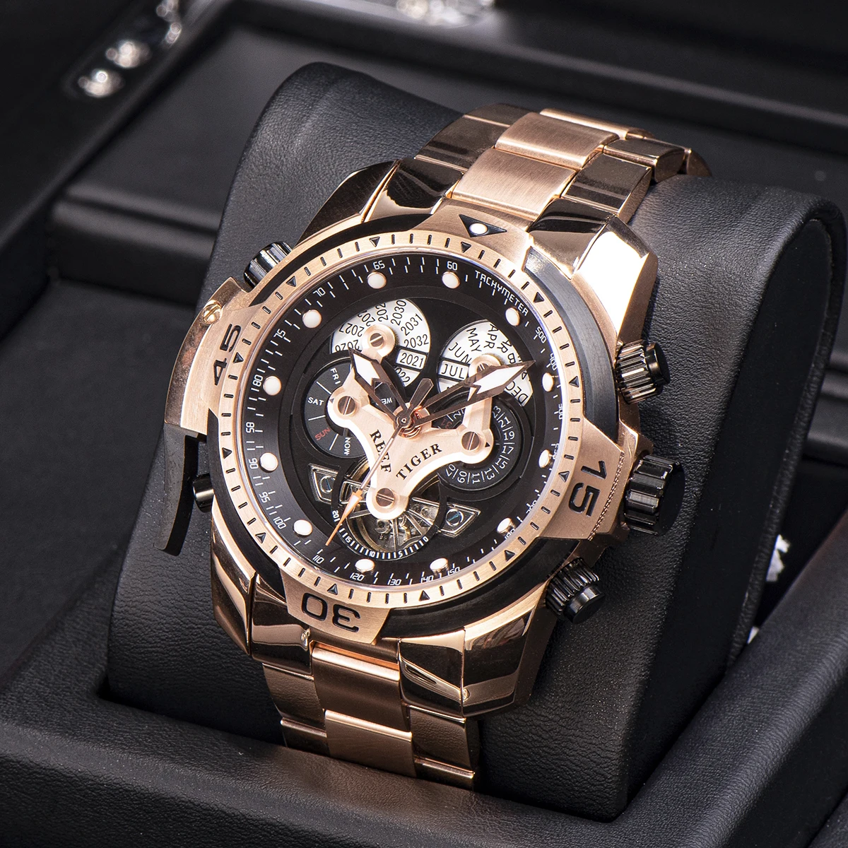 Reef Tiger/RT Designer Stainless Steel Completed Calendar Automatic Watch Men Date Rose Gold Bracelet Mechanical Watches RGA3503