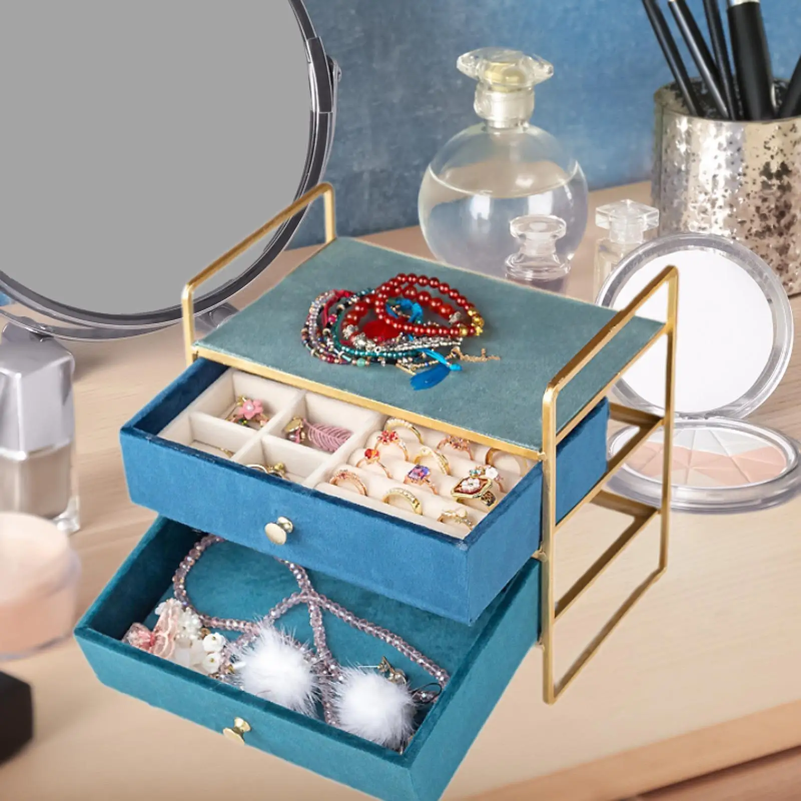 

Jewelry Box 2 Layer Metal with Drawers Trays Large Capacity Elegant Stylish for Rings Earrings Necklaces Bracelets Watches Case