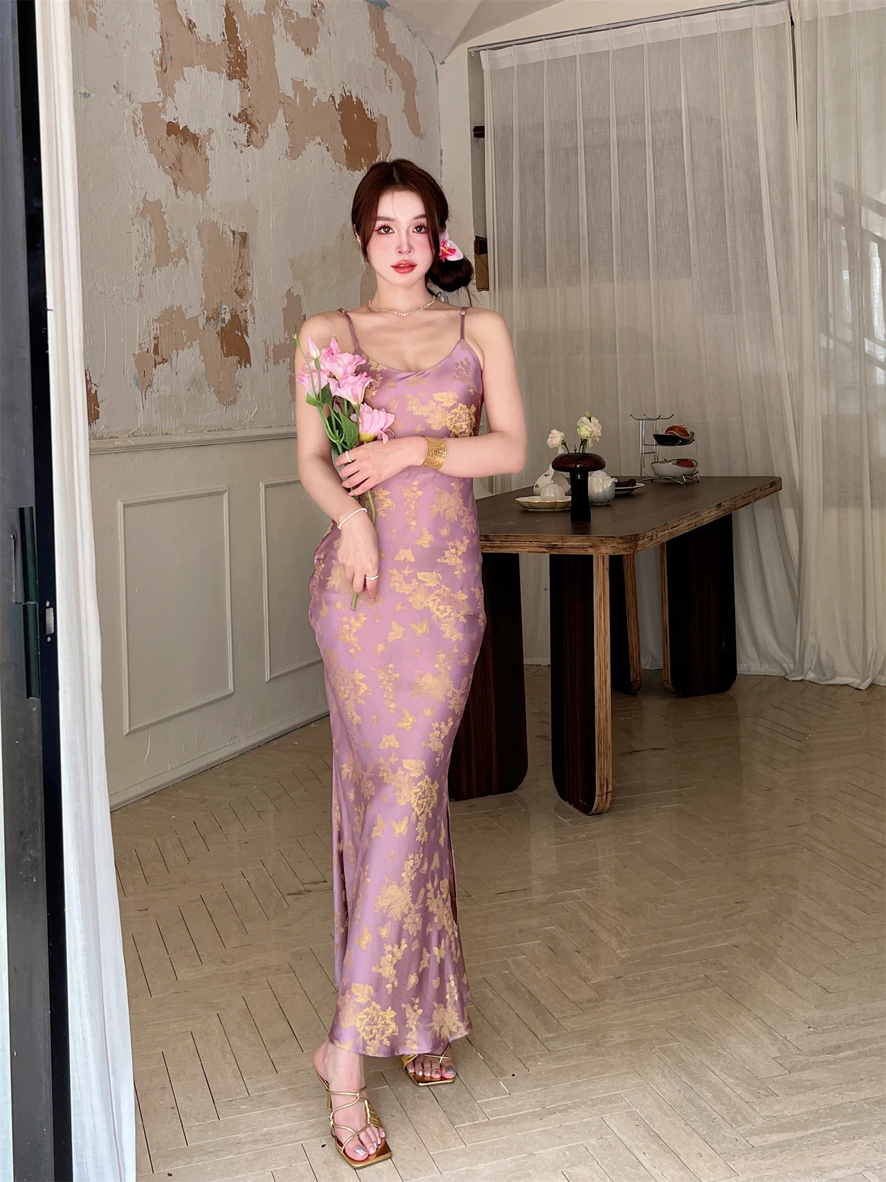 

Длинное макси-платье U-Ne Maxi Dr Purple e Gold в новом китайском стиле для женщин, летнее облегающее платье-халат без рукавов на молнии