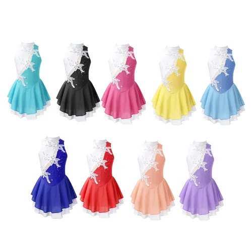 Imagen 2 del producto Vestido de patinaje sobre hielo con lentejuelas florales para niñas, sin mangas, con diamantes de imitación, gimnasia, leotardo, Ballet, danza, tutú, disfraz de actuación