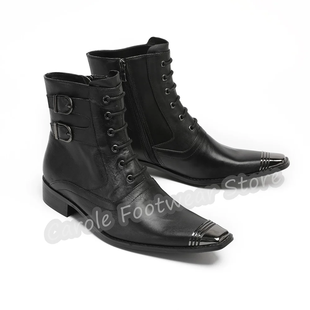 Punk Black Genuine Leather Male Ankle Boots Metal Pointed Toe Lace Up Buckle Straps Male Western Wedding Party Chelsea Booties