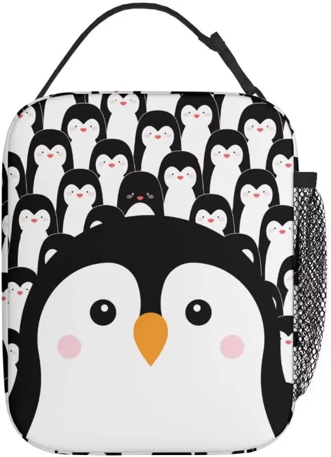 Funny Penguin Reusable Lunch Bag 8 X 4 X 10 Inches Cooler Bag Lunch Box Container with Adjustable for Picnic School Work