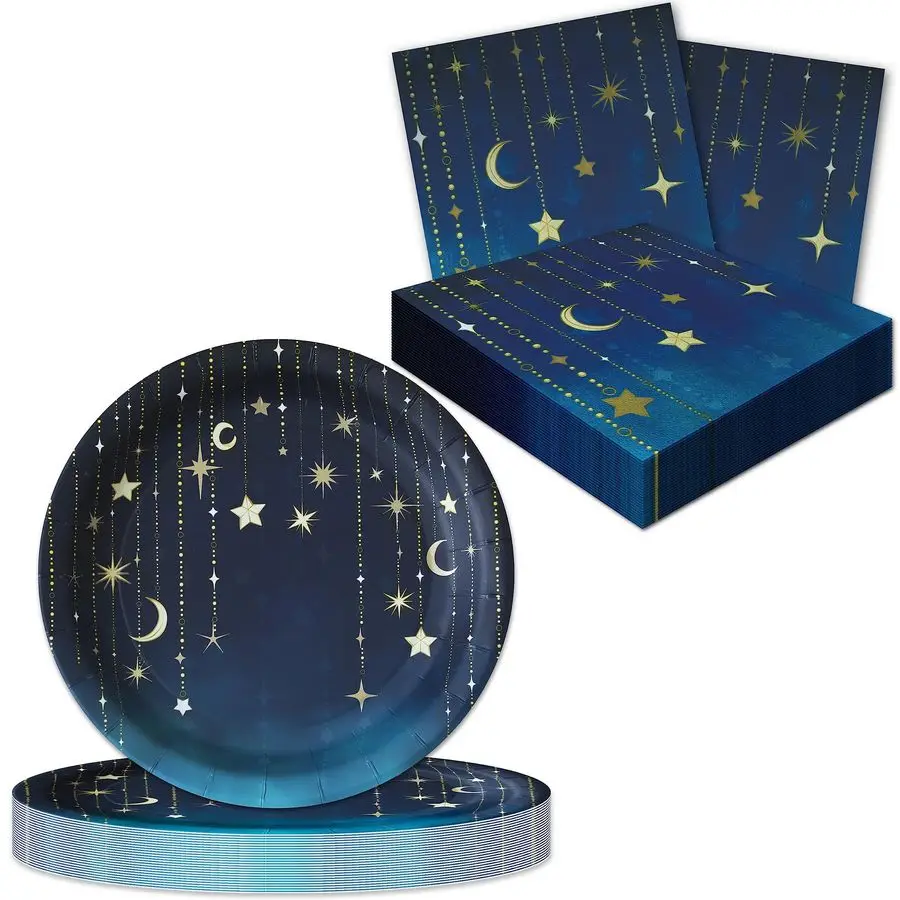 

Starry Night Party for 48 Jumbo Set includes 48 XL 10 Plates and 48 Luncheon Napkins. Beautifully Printed in the Navy Ombre amp