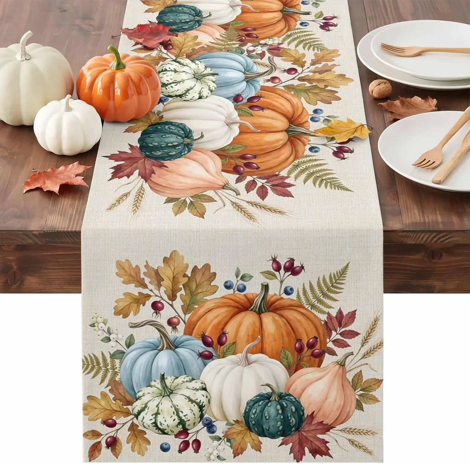 Fall Thanksgiving Pumpkin Maple Leaf Linen Table Runner Party Decor Washable Kitchen Dining Table Runner Autumn Decorations