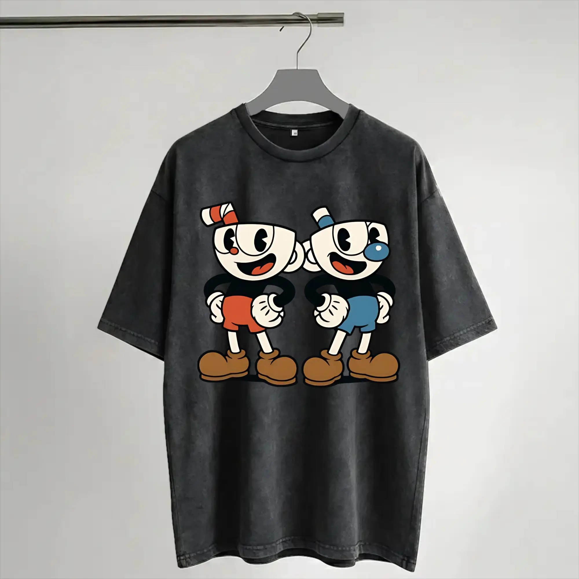 Harajuku Washed Shirt Cuphead and Mugman cup mug Vintage T Shirt High Street  Streetwear Short Sleeve Printed Tops Tees