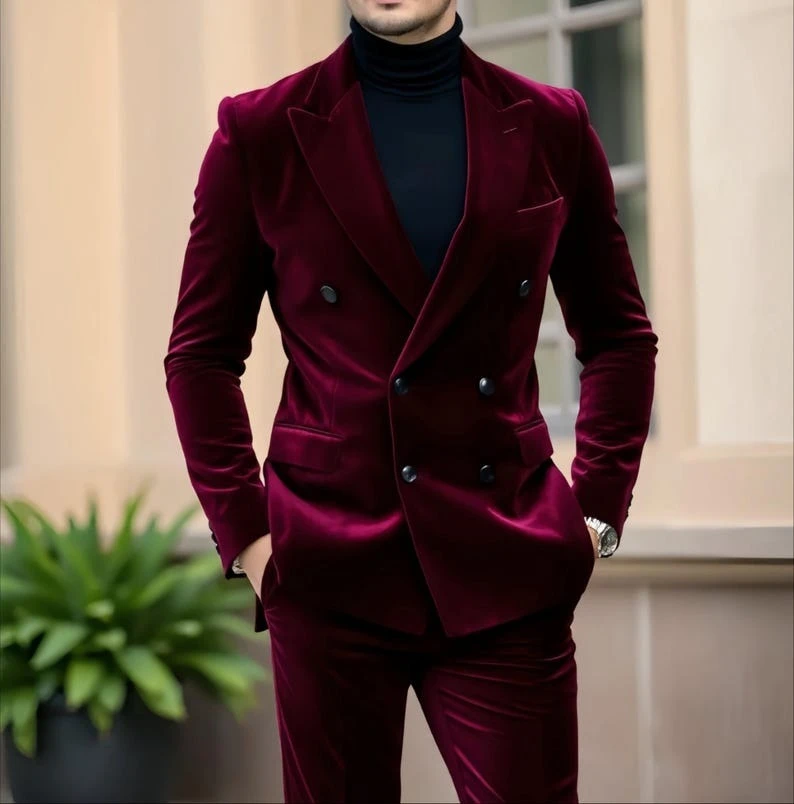 

Men Suit Velvet Double Breasted 2 Piece Groom Wedding Party Formal Wear
